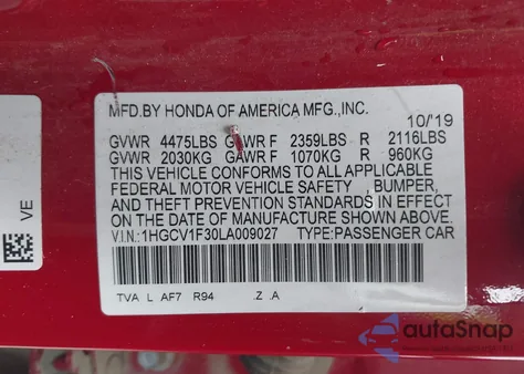 2020 Honda Accord Sport из США, поврежденный, VIN 1HGCV1F30LA009027